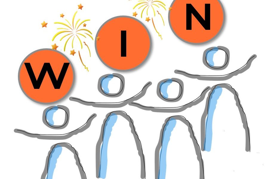 Cartoon, Strichmännchen, über Köpfe steht WIN