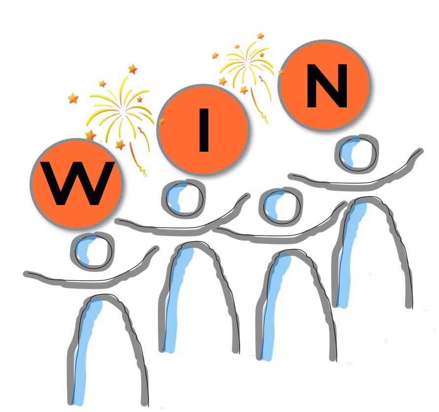 Cartoon, Strichmännchen, über Köpfe steht WIN