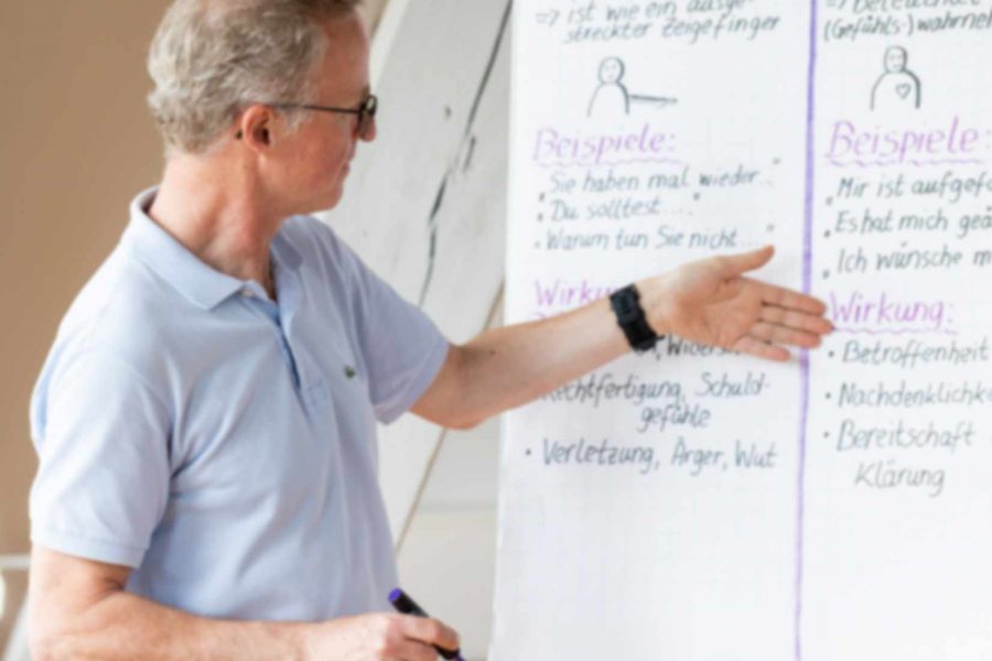 Mann steht vor Flipchart mit Text und zeigt mit linker Hand auf einen Textabschnitt