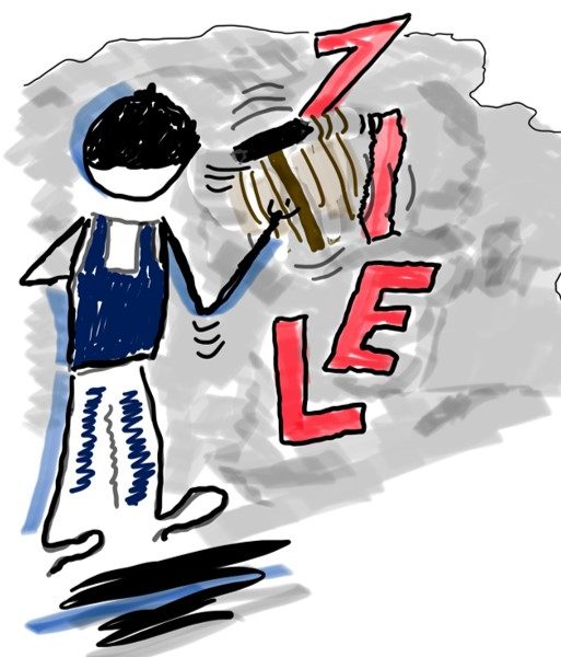 Cartoon - Mann schlägt mit Hammer das Wort Ziel in einen Felsblock