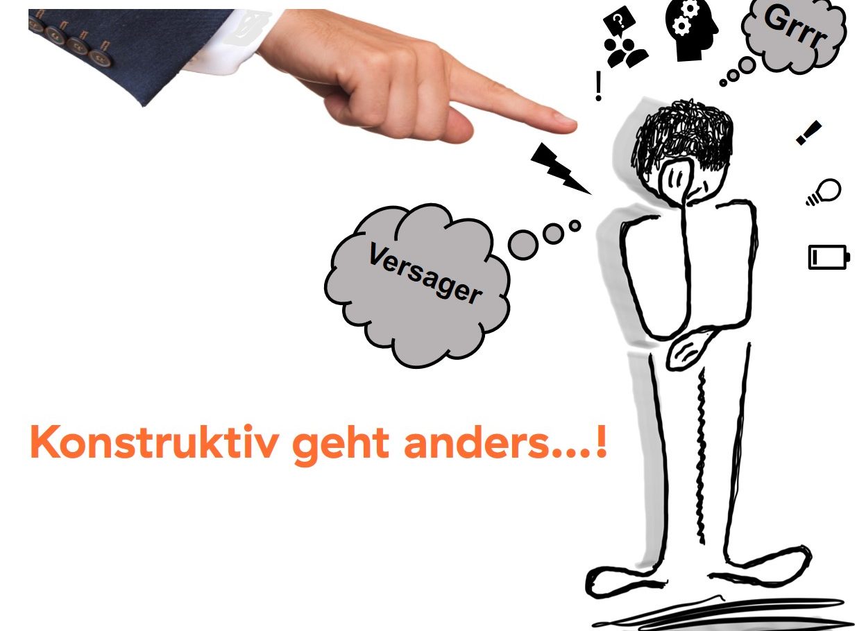 Ausgestreckter Zeigefinger auf Karikatur, die Hand vor gesenkten Kopf hält